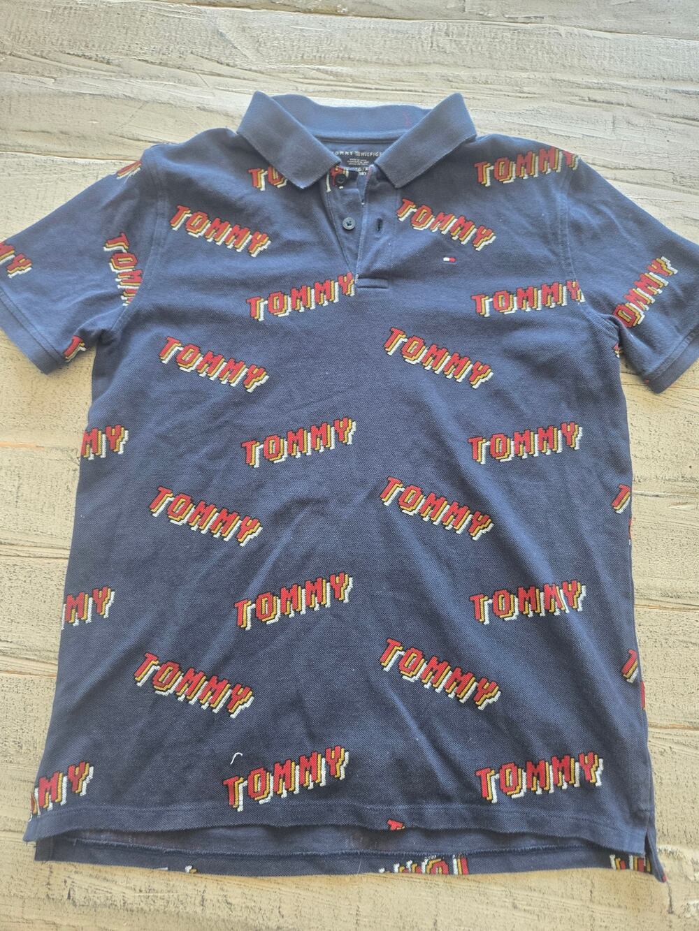Tommy Hilfiger Polo Shirt Boys XL 16-18 Blue All Over Tommy Logo Print Preppy